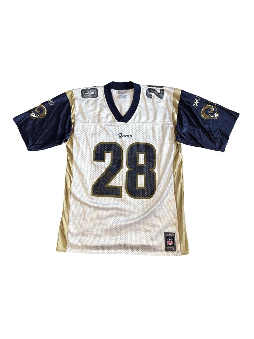 Men’s Reebok Marshall Faulk St. Louis Rams White Football Jersey #28 Size Large